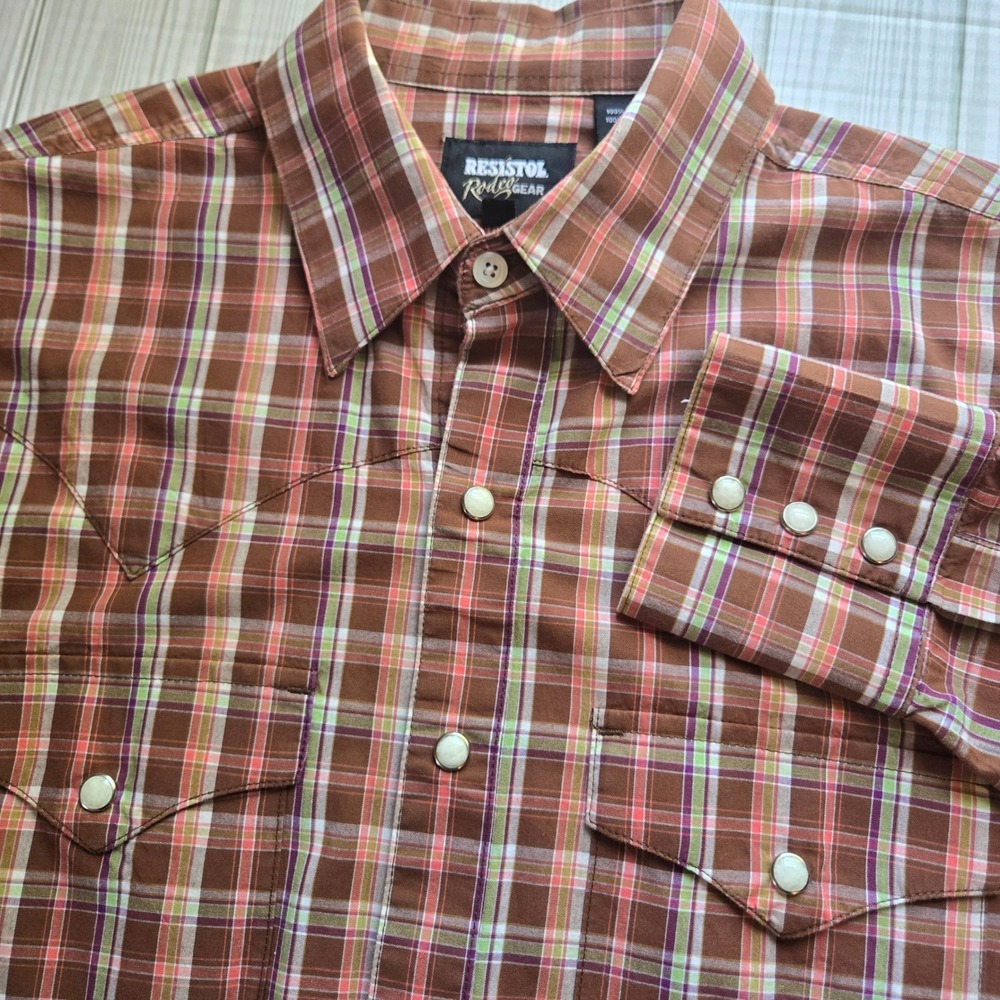 Resistol Rodeo Gear Mens Brown Plaid Pearl Snap Western Shirt Medium Cotton Long